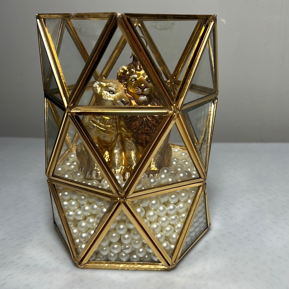 Vintage Candle Holder with Pearl Beads and Glass Tiger Lion Christmas Ornament
